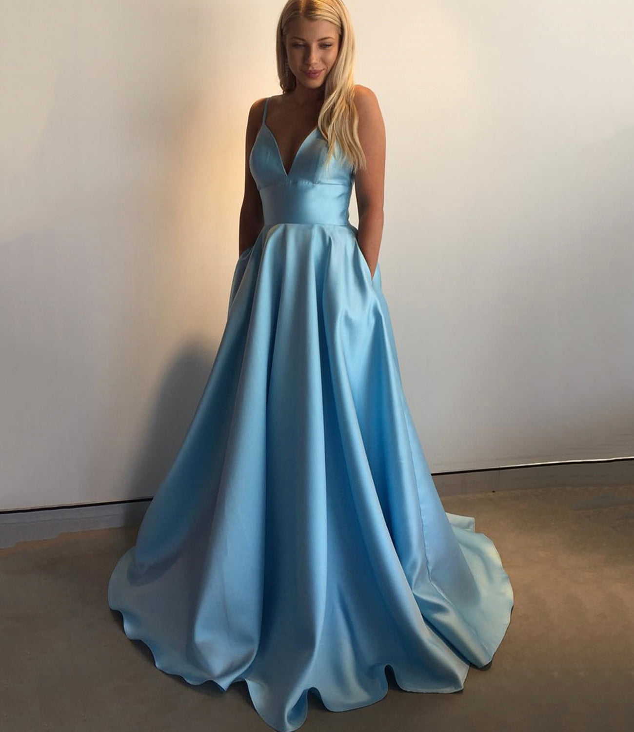 BLUE V NECK SATIN LONG A LINE PROM DRESS EVENING DRESS cg20530