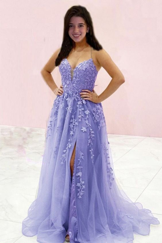 Elegant Lavender Prom Dresses 2021 Lace Appliques Tulle Split Formal Gown With Side Split cg20544