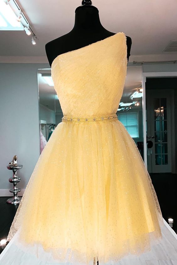 princess short one shoulder yellow party dress homecoming dress cg20551
