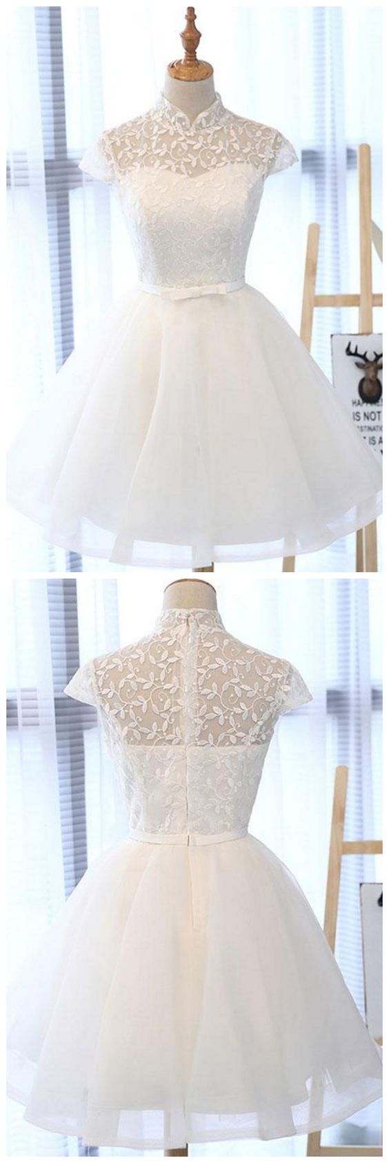 white lace short dress, white homecoming dress cg2056