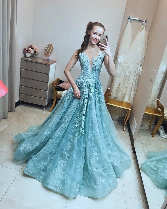 V Neck Blue Lace Prom Dress , Charming Prom Dress cg20578