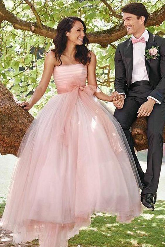 Pink Strapless Neckline A Line Princess Tulle Outside Wedding Dress Bridal Dresses prom gown cg20588