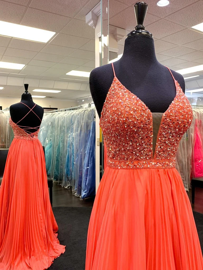 A Line V Neck Backless Beaded Orange Chiffon Long Prom Dresses, Orange Formal Evening Dresses cg20619