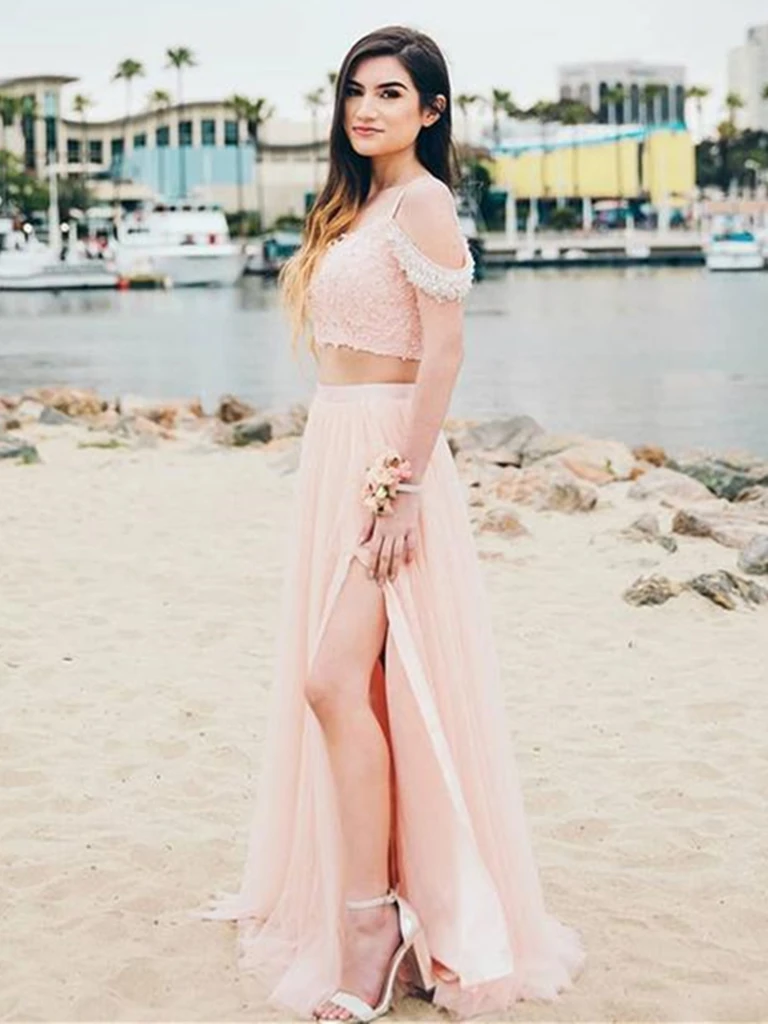 Off the Shoulder Two Pieces Pink Lace Long Prom Dresses cg20620