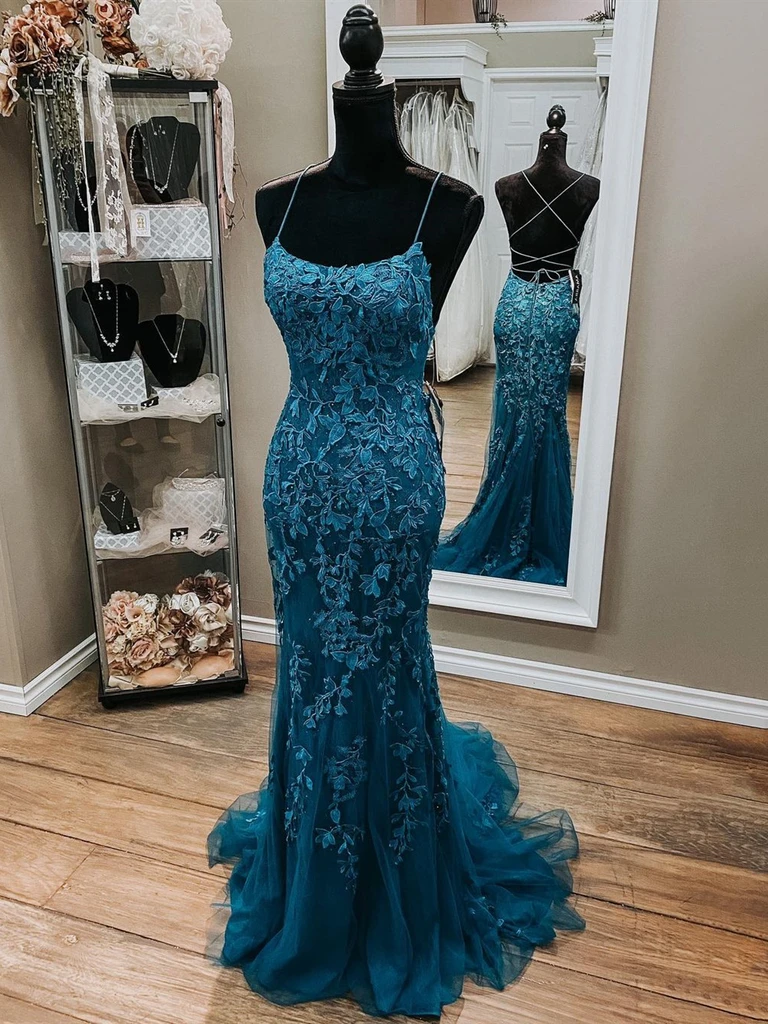 Mermaid Backless Dark Teal Lace Long Prom Dresses cg20621