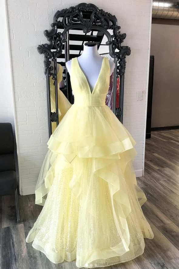 Yellow v neck tulle long A line prom dress evening dress cg20633
