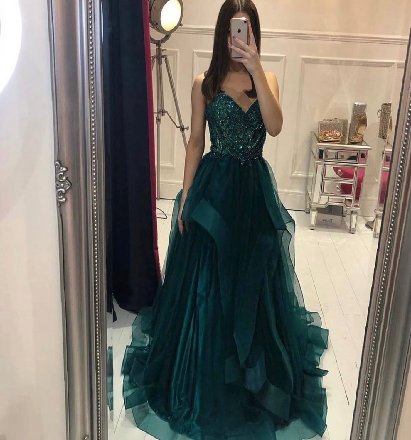 GREEN TULLE BEADS LONG A LINE PROM DRESS EVENING DRESS cg20636