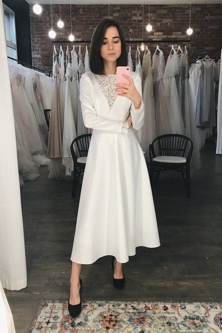 White Satin Prom Dress With Long Sleeves cg20639