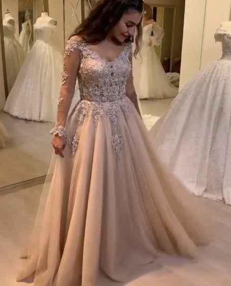 2021 A-Line Long Sleeves V-neck Long Applique Prom Dresses cg20653