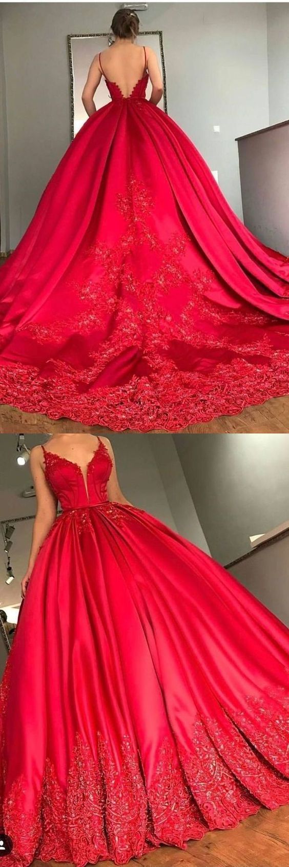 2021 Ball Gown Spaghetti Straps Court Train Satin With Applique Lace Up prom dress cg20656