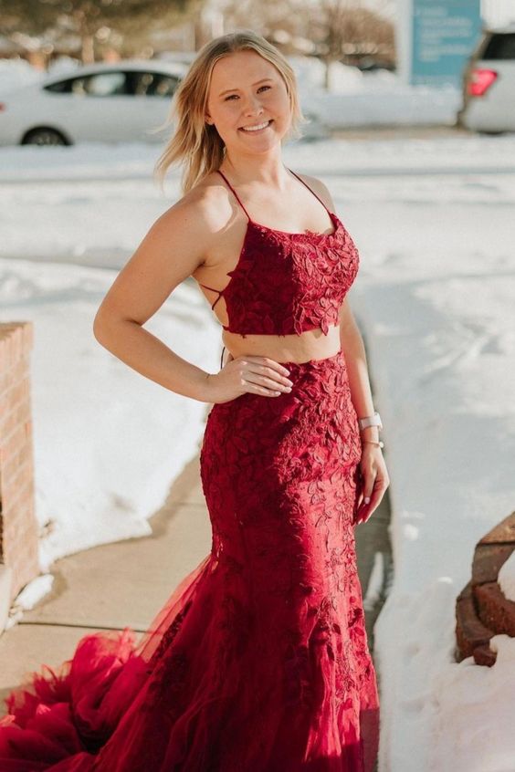 two piece burgundy lace appliqued long prom dress with spaghetti straps top cg20662