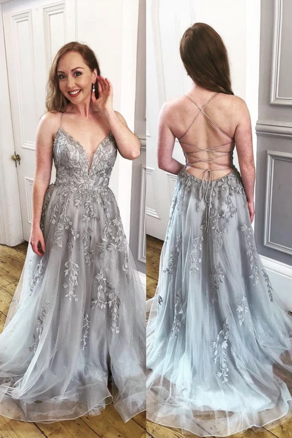 Gray tulle long A line prom dress evening dress cg20668