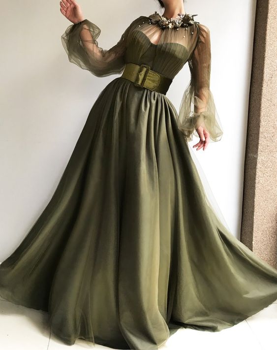 O-neck Formal Prom Dresses Long Sleeve prom dress A-line party dress Beads Celebrity Party Gowns cg20675