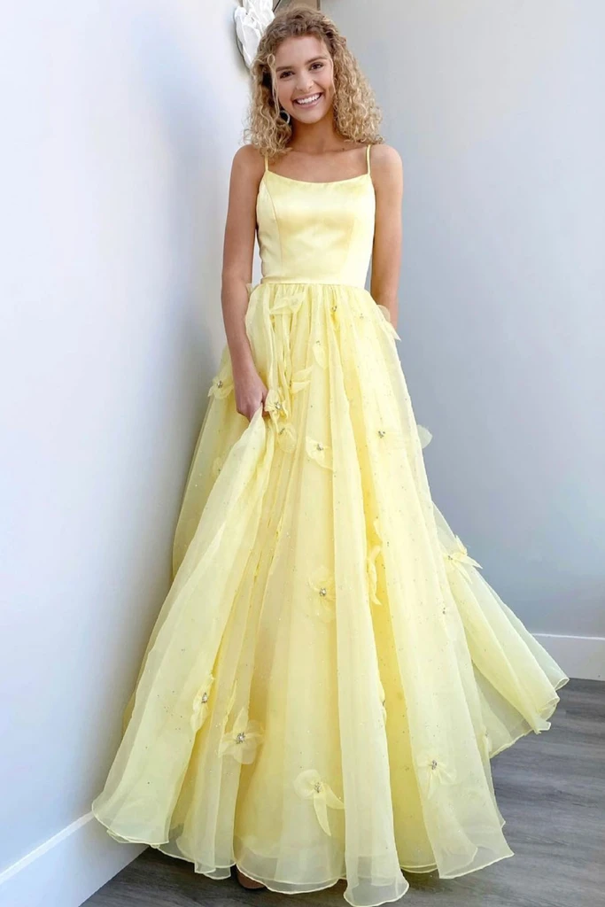 YELLOW TULLE LONG PROM DRESS YELLOW FORMAL DRESS cg20681