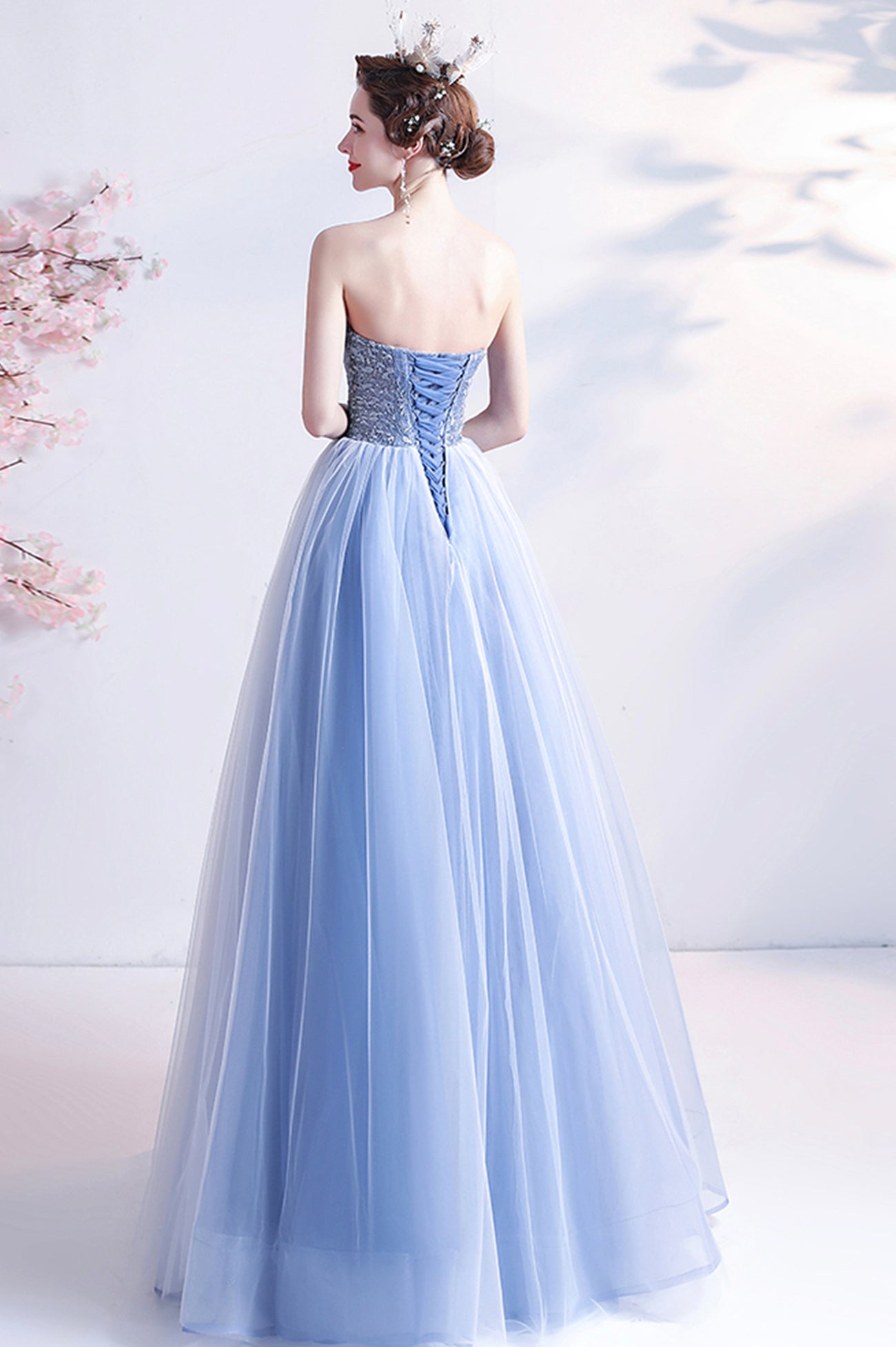 BLUE TULLE LACE LONG A LINE PROM DRESS EVENING DRESS cg20719