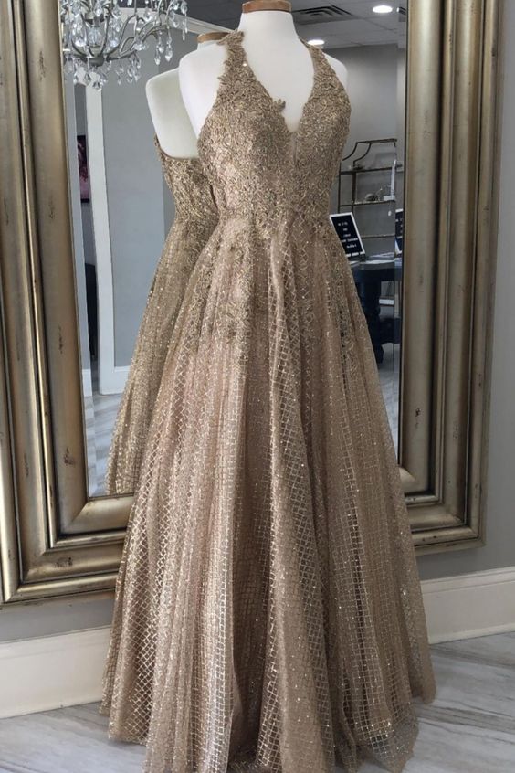 A-line gold halter long formal dress prom dress cg20721