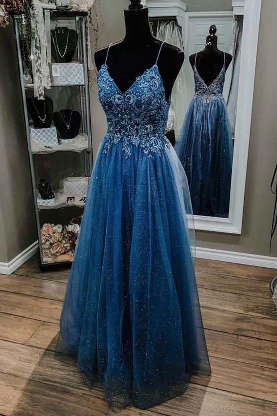 A-line blue tulle and beaded long prom dress formal dress cg20731