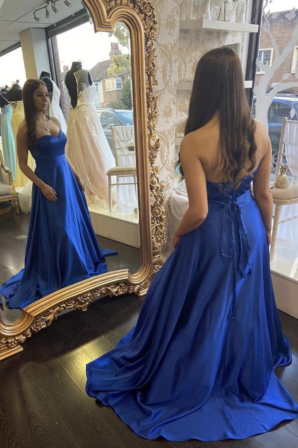 Blue satin long A line prom dress blue evening dress cg20733