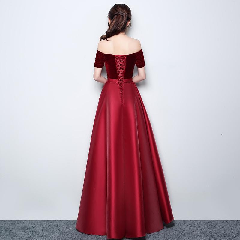 Wine Red Satin With Velvet Prom Dress, Off Shoulder A-Line Formal Dress Evening Dress cg20734