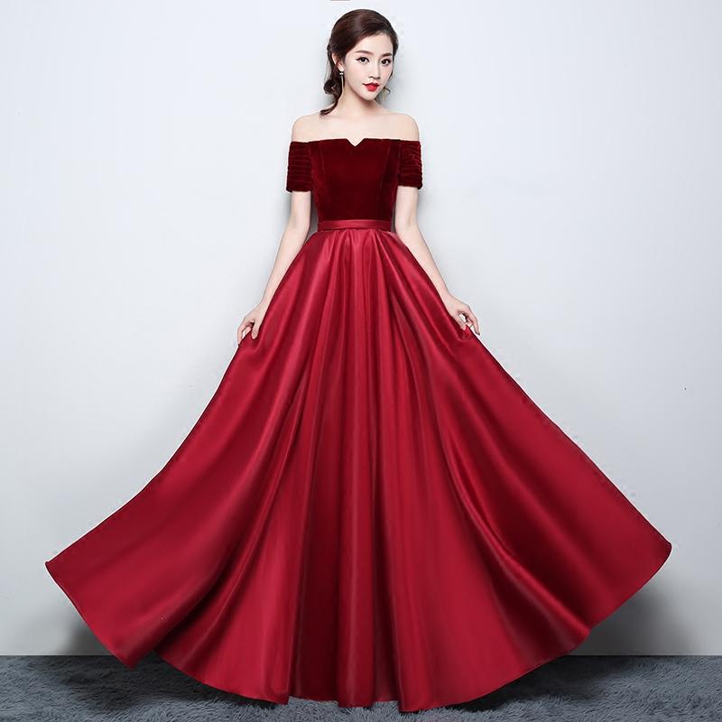 Wine Red Satin With Velvet Prom Dress, Off Shoulder A-Line Formal Dress Evening Dress cg20734