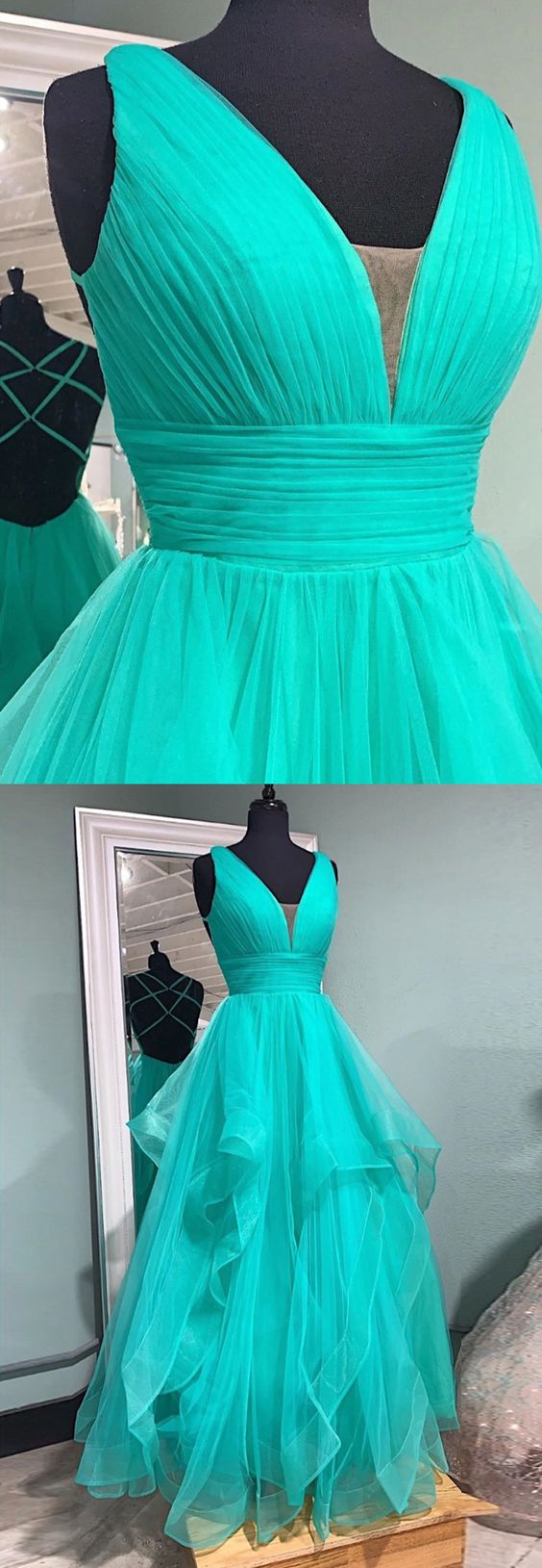 A line v neck tulle long prom dress, evening dress cg20740