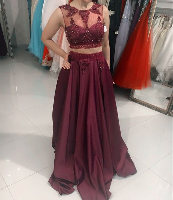Burgundy prom dresses satin long formal two piece gowns cg20754
