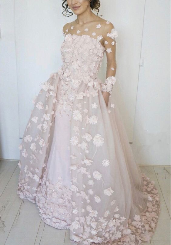 prom dresses Elegant light pink tulle ball gown long sleeves wedding dress with 3d flowers cg20756