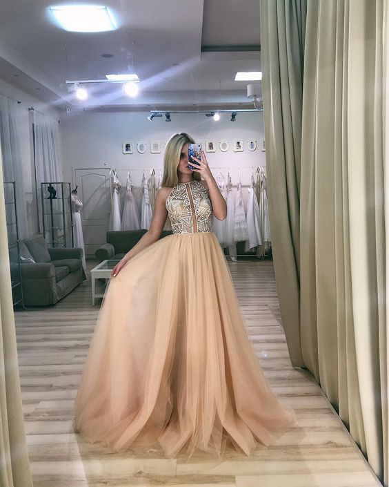 champagne long prom dress a-line formal dress cg20793