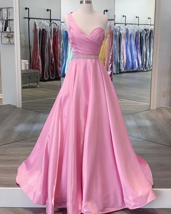 2021 pink one shoulder prom dress pleated formal dress cg20794
