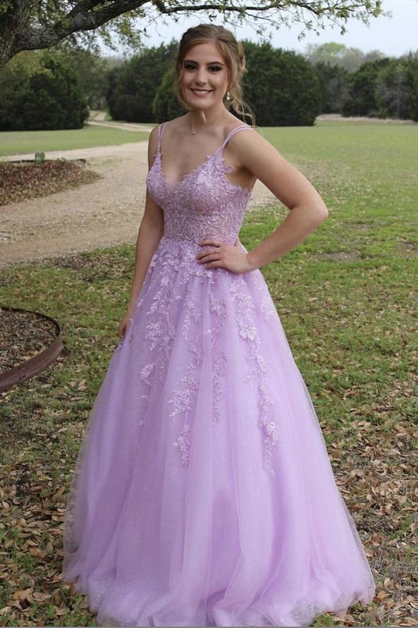 Purple lace long A line prom dress lace evening dress cg20805