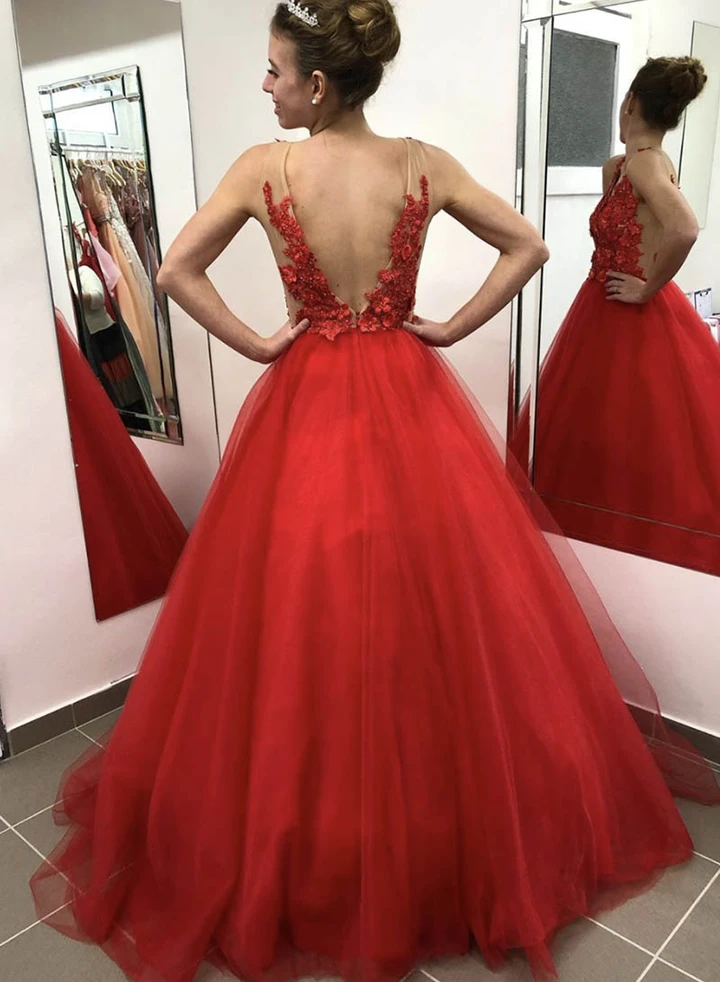 Charming A Line V Neck Red Long Prom/Evening Dress with Appliques cg20807