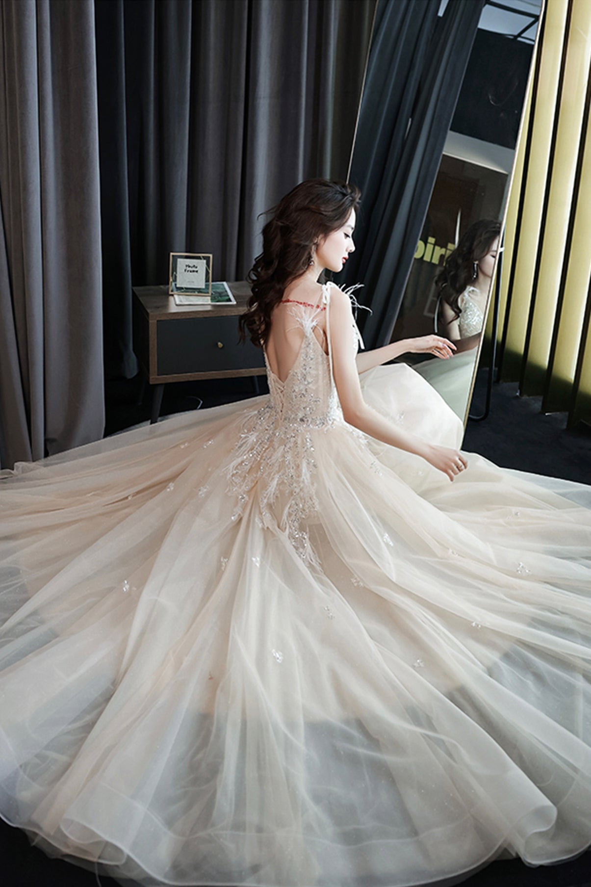 CHAMPAGNE V NECK TULLE BEADS LONG PROM DRESS EVENING DRESS cg20810