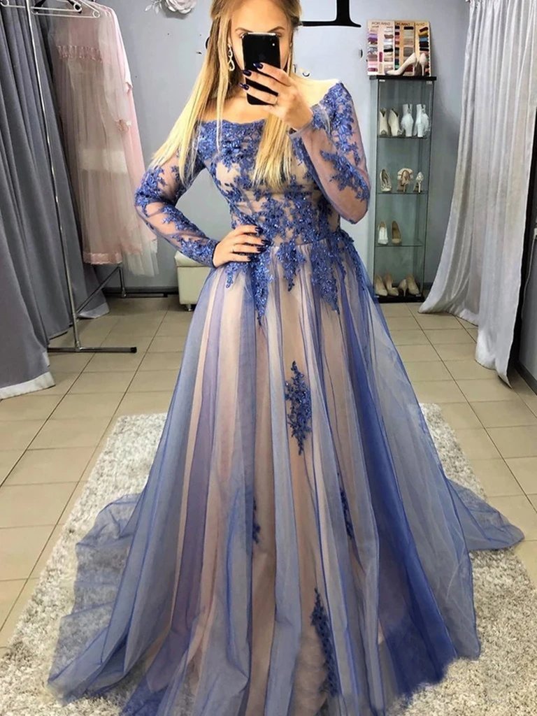 Long Sleeves Blue Lace Long Prom Dresses, Blue Lace Formal Evening Dresses cg20820