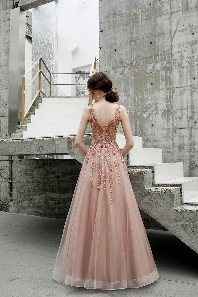 Beautiful Tulle A Line V Neck Pink Beads Straps Prom Dresses, Elegant Long Dance Formal Dress cg20824