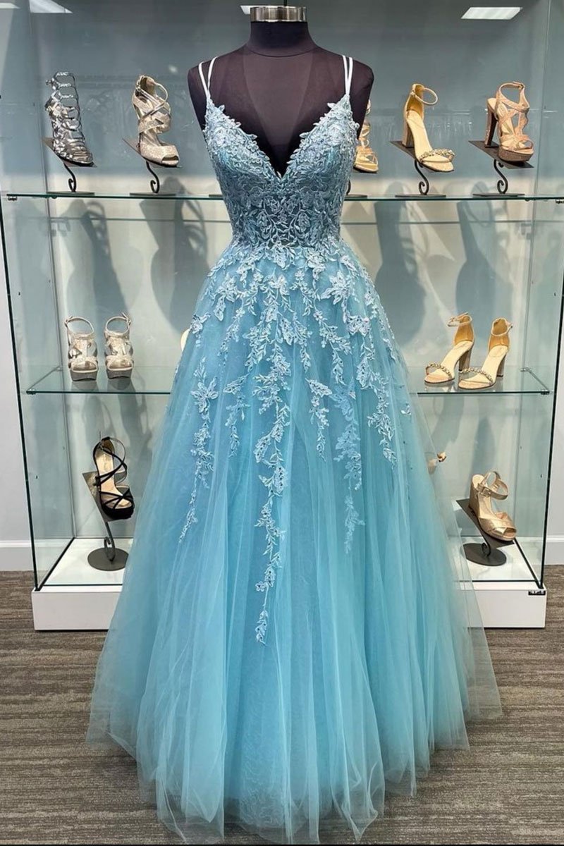 Blue v neck tulle lace long prom dress blue tulle lace evening dress cg20829