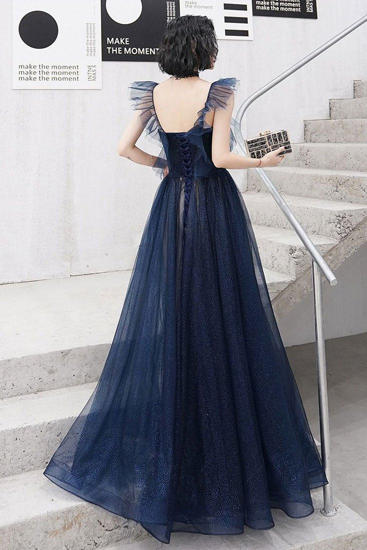 Dark blue sweetheart tulle long prom dress blue tulle formal dress cg20831