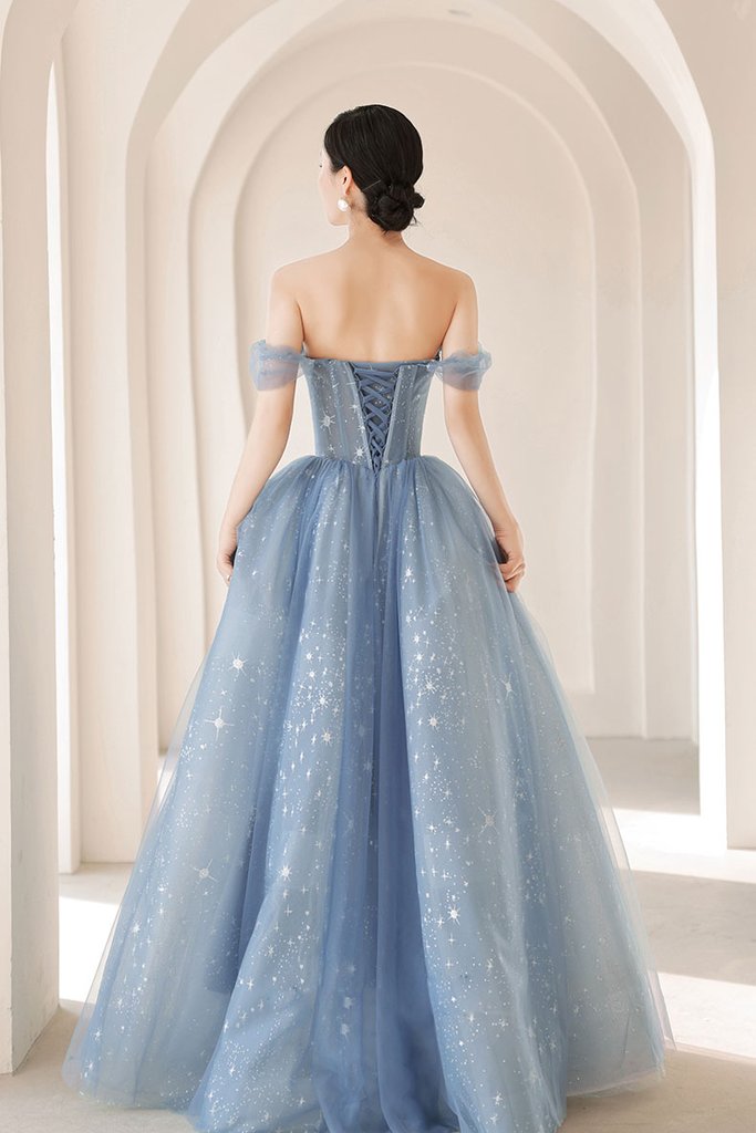 BLUE SWEETHEART NECK TULLE BEADS LONG PROM DRESS BLUE EVENING DRESS cg20833
