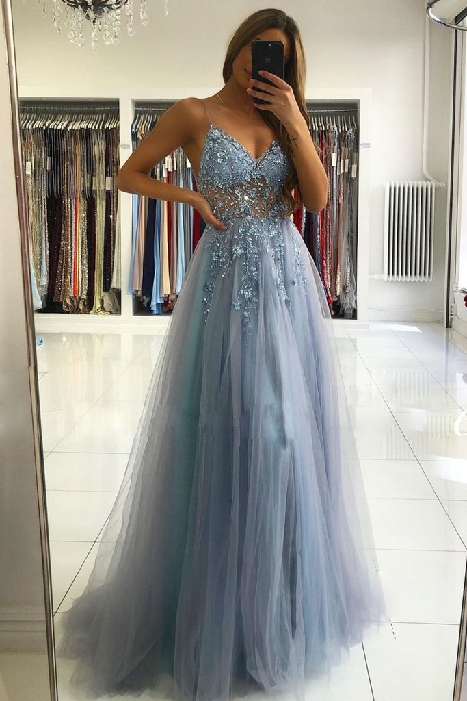 GRAY BLUE V NECK TULLE BEADS LONG PROM DRESS BLUE FORMAL DRESS cg20836