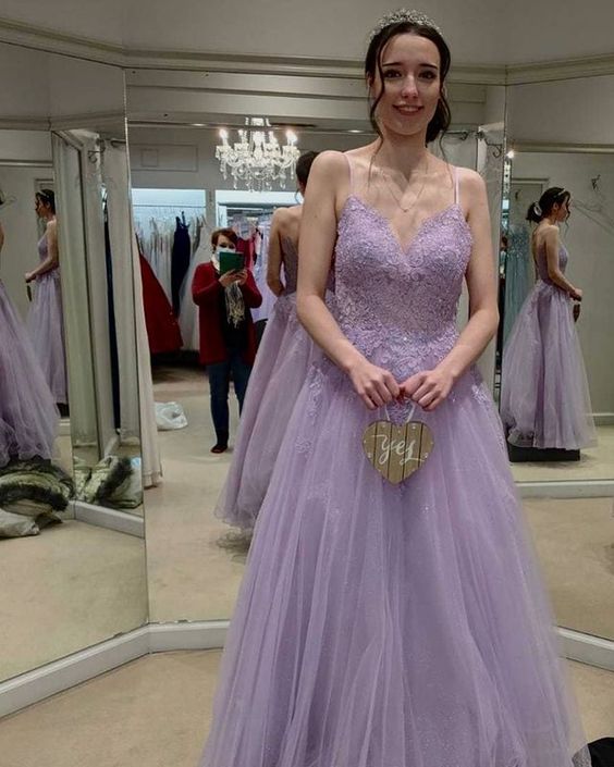 Princess Prom Dresses Lilac Tulle Evening Dresses with Lace Appliques cg20861