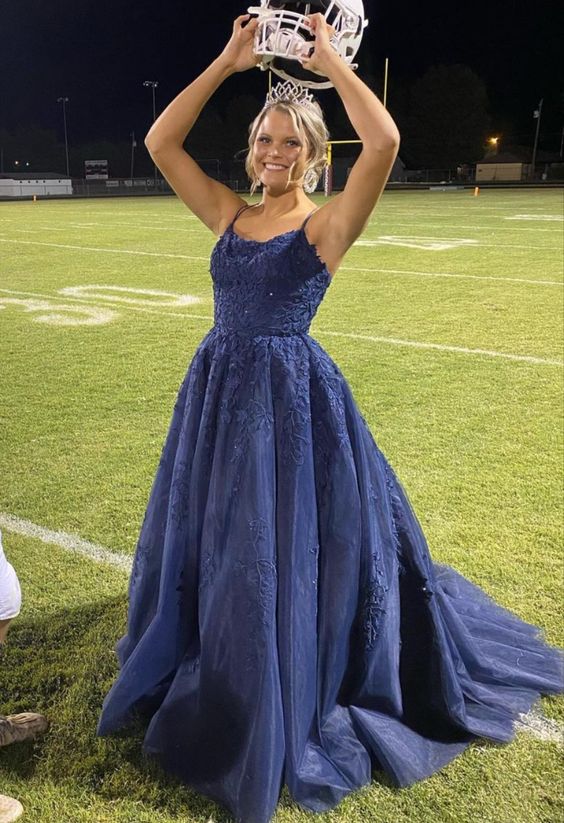 navy blue A-line lace appliqued long prom dress cg20864