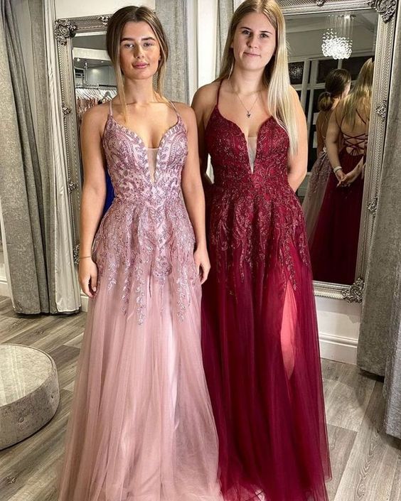 Charming A Line V Neck Spaghetti Straps Blush Lace Prom Dresses, Party Dresses cg20872