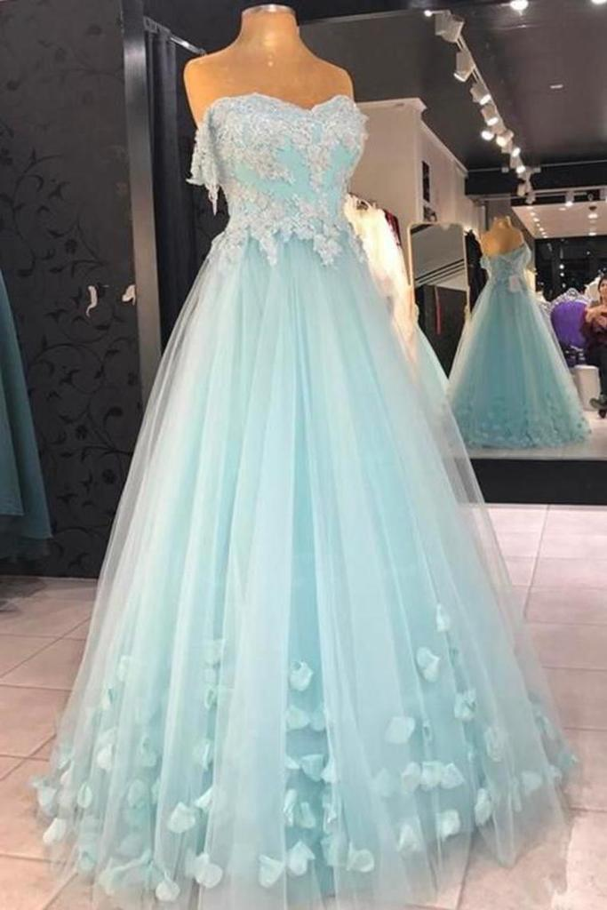 Mint Blue Sweetheart Tulle With Lace And Flowers Formal Dress, Tulle Long Prom Dress Party Dress cg20878