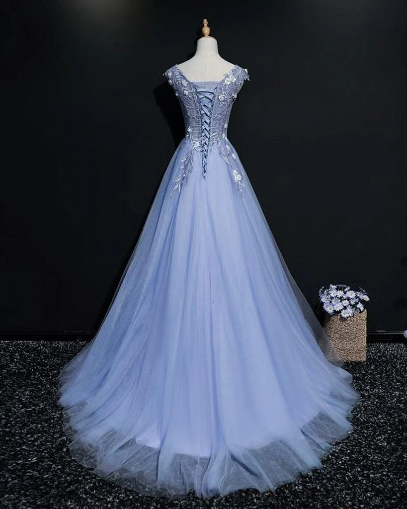 Blue Tulle V-Neck Lace Flowers A-Line Prom Dress, Blue Formal Dress Evening Dress cg20881