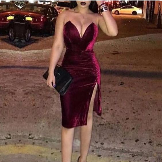 Sexy Deep V Pure Colour Velvet Slit Slim Evening Dress Prom Dress cg20896