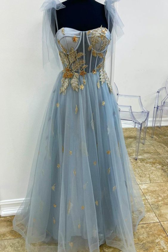 A-line blue and gold appliqed long formal dress prom dress cg20909