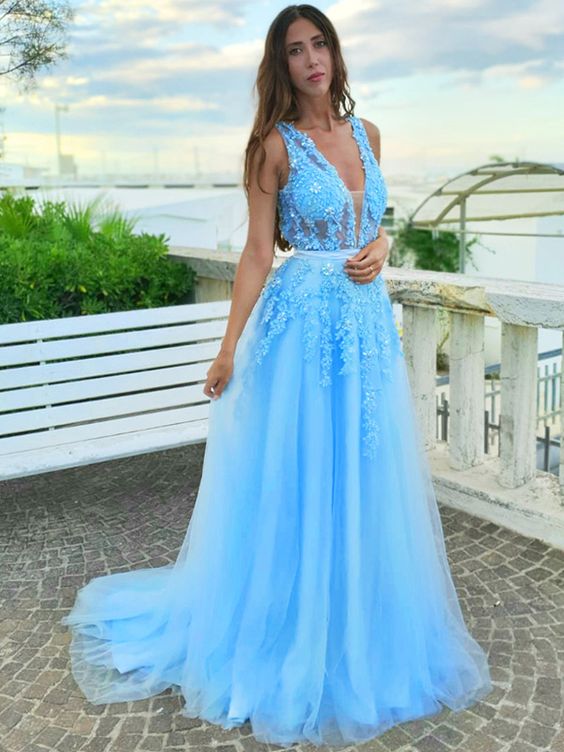 2021 A-Line Tulle V-neck Long Blue Prom Dresses cg20921
