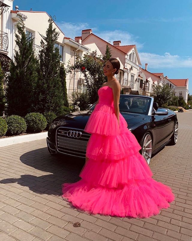 Sweety A Line Strapless Pink Long Prom Dress with Ruffles cg20926