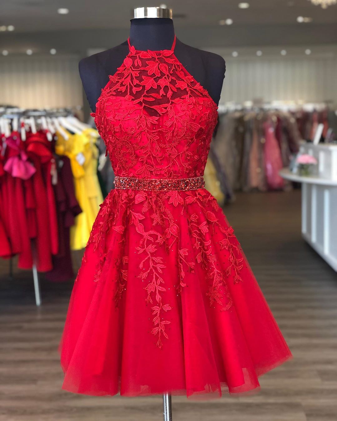 Stylish A Line Halter Red Short Homecoming Dress with Appliques cg20940