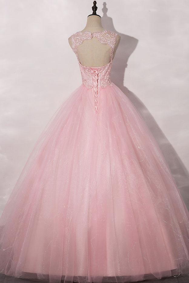 Pink round neck tulle lace long prom dress pink tulle formal dress cg20960