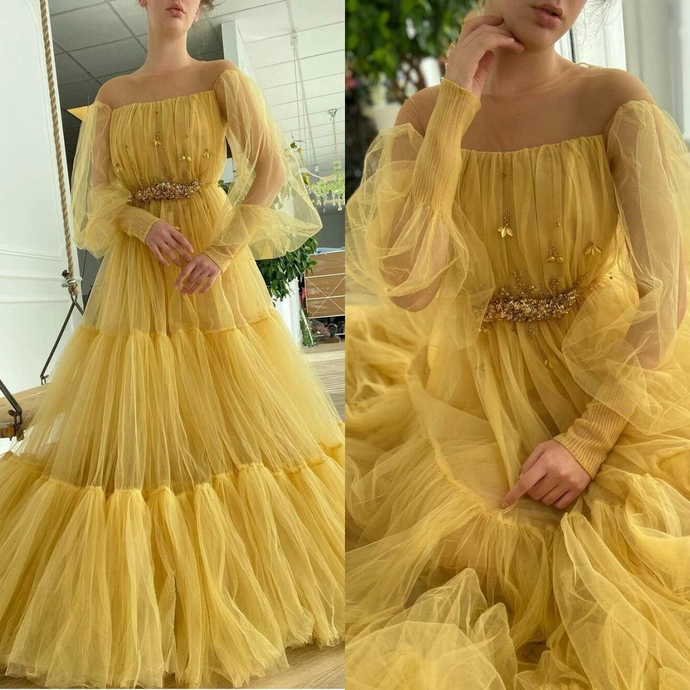 Yellow Beaded Long Sleeves Prom Dresses Off The Shoulder A Line Pleated Evening Gowns cg20963